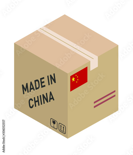 Cardboard Box with Flag of China and Made in China Slogan. Free Shipping Concept. ‘Made In China’ label on cardboard carton box. Vector illustration