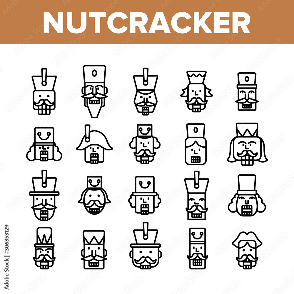 Nutcracker Collection Elements Icons Set Vector Thin Line. Moustaches And Ancient Hat On Soldier