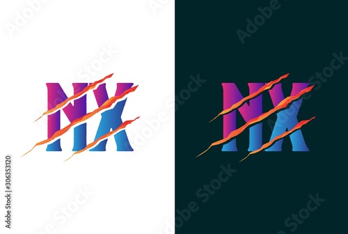 Pink and blue gradient NX letter template logo design with orange scratch effect