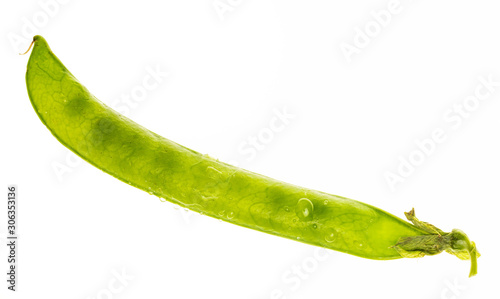 Green peas (chícharos, petipuas), tender and very fresh (with drops of water). Isolated on white background. photo