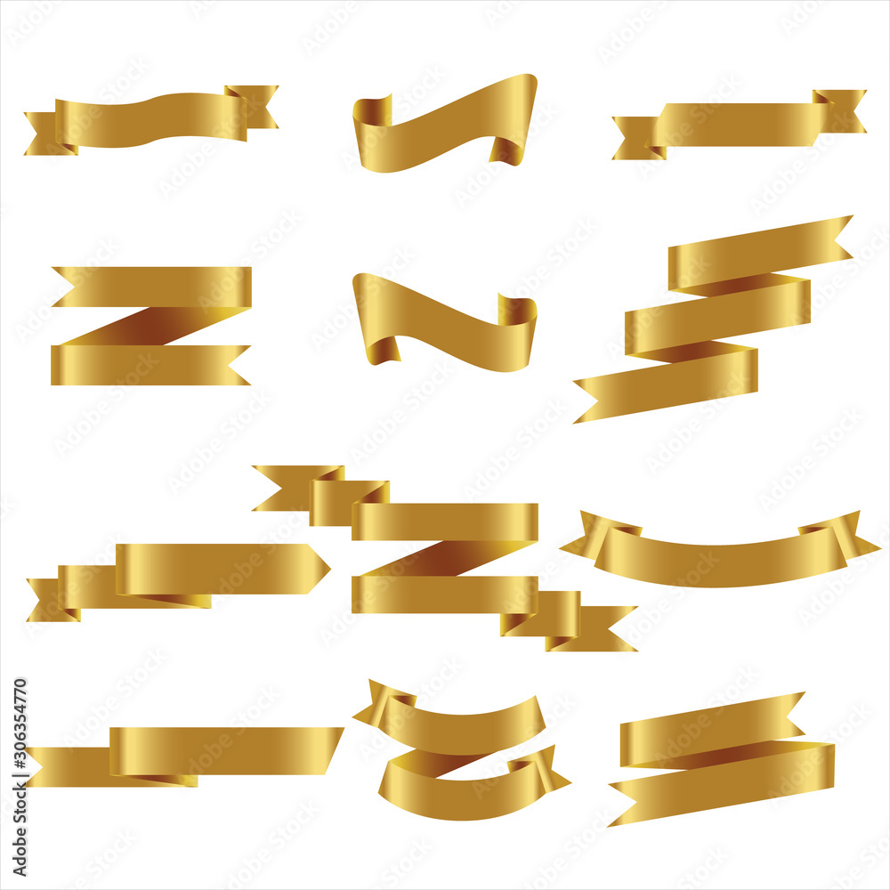 Gold Ribbon Set In Isolated For Celebration Banner White Background, Vector Illustration