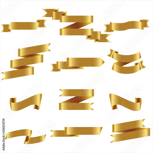 Gold Ribbon Set In Isolated For Celebration Banner White Background, Vector Illustration