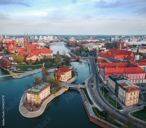 View from the height on the historic city center and the Odra River. Stare Myasto, Wroclaw, Poland