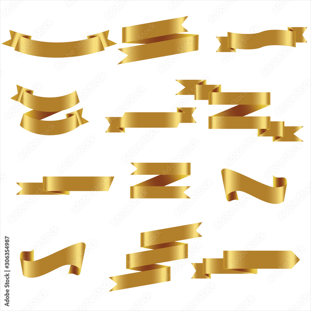 Gold Ribbon Set In Isolated For Celebration Banner White Background, Vector Illustration