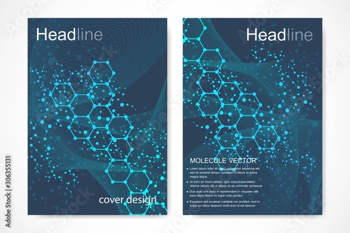 Vector templates for brochure magazine leaflet flyer cover booklet annual report. Modern futuristic hexagonal pattern with particle, molecule structure for medical, technology, chemistry, science.