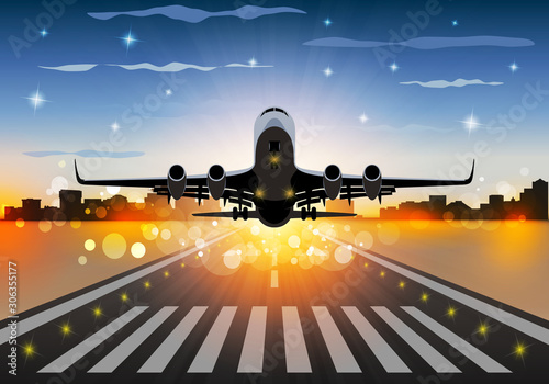 Vector illustration of the airliner and city