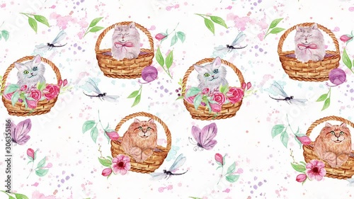 Abstract background with hand drawn watercolor cats and flowers. Seamless looping 4K footage.	