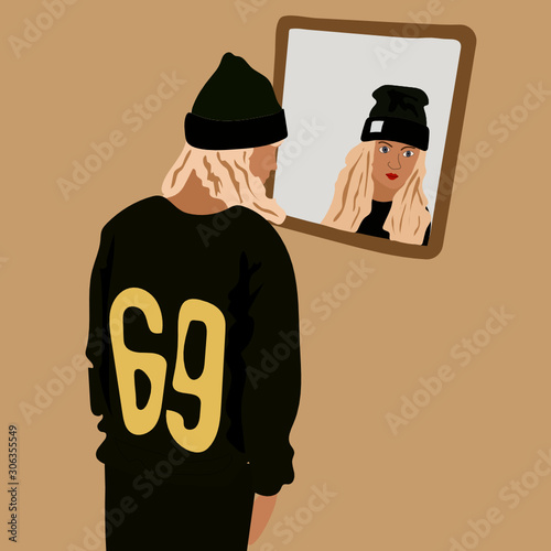 vector Rastaman girl in the mirror in a black jacket and hat