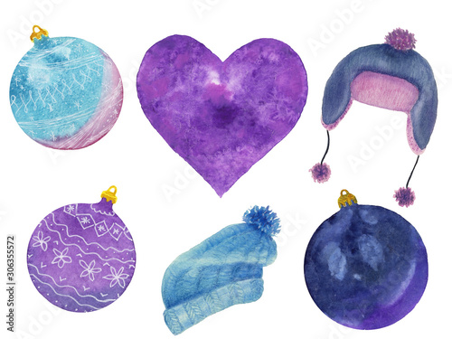 Set of watercolor winter accessories and christmas decorations. Cute blue and purple Christmas balls, heart and knitted hats on white background isolated. Christmas design elements