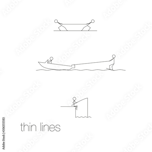 Life situations in thin lines. Fishing, water skiing, tug of war