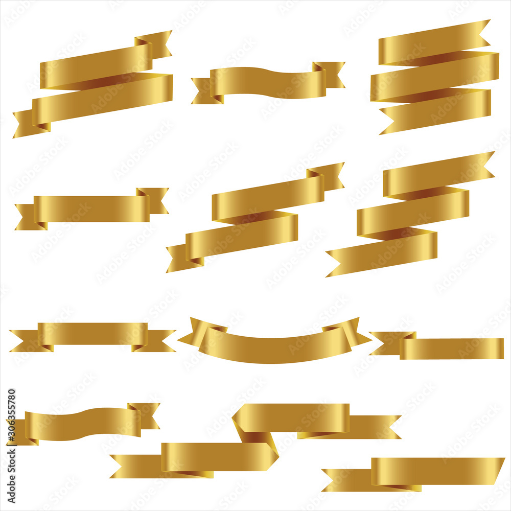 Gold Ribbon Set In Isolated For Celebration Banner White Background, Vector Illustration