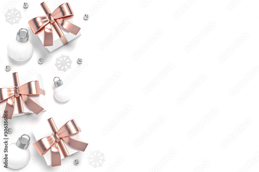 White gift box with rose gold ribbon and christmas ball ornaments decoration object group on white background 3d rendering. 3d illustration minimal, celebration christmas and new year sale concept.