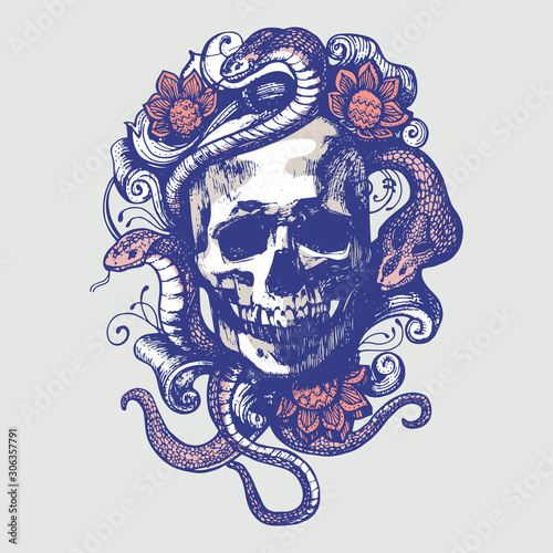 Skull with patterns, flowers and snakes.
