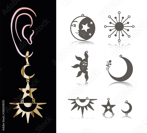 5 Earring Designs. Cutout silhouettes with half moon  star  sun  space  sunshine. Astronomy design is suitable for creating dainty   charm jewellery  earrings  necklace  pendant  and Christmas decor. 