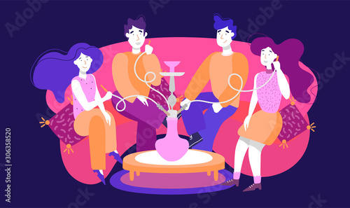 Vector illustration of a girl and a guy smoking a hookah on a sofa