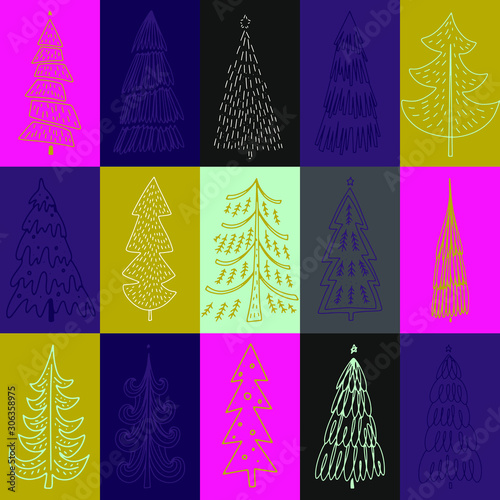Set od hand drawn of Christmas trees. Holidays background. Abstract doodle drawing woods. Vector illustration. Use for Greeting ccrapbooking, congratulations,invitations.