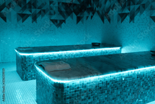 Obraz na plátně hammam tables with blue lights in spa salon