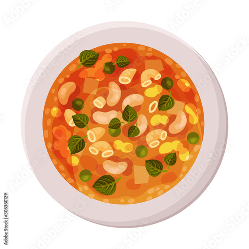 Appetizing Vegetable Minestrone Served on Plate Top Viewed Vector Illustration