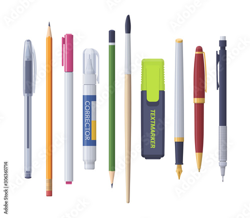 Pen pencil marker corrector brush sharp. Vector flat isolated stationery set photo