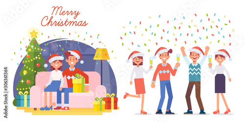 Happy people celebrate New year holidays. Joyful couple near the New Year tree. Happy friends haning fun and celebrating. Merry Christmas and Happy New Year. Vector illustration in cartoon style