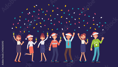New Year's corporate party. Happy group of business people celebrating Christmas. Flat Vector illustration in cartoon style