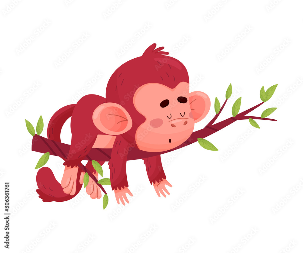 Funny Little Red Monkey Laying On The Branch Of Tree Vector Illustration Cartoon  Character Stock Vector | Adobe Stock