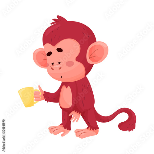 Funny Little Red Monkey Standing With Cup Of Coffe Or Tea Vector Illustration Cartoon Character