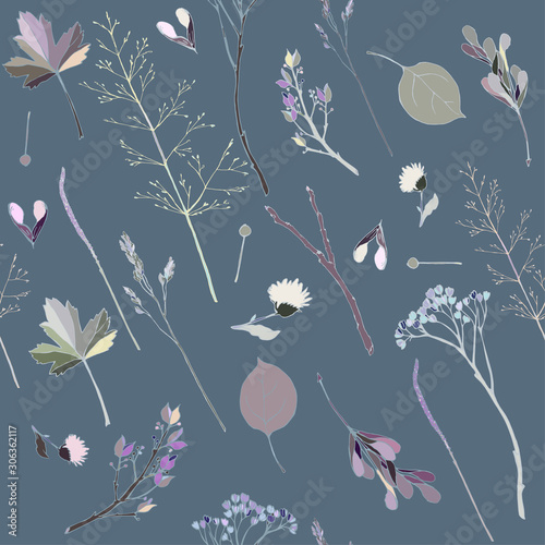 Seamless pattern with sprigs, leaves, blades of grass, inflorescences and seeds on a dusty purple background. Vector illustration with plants. Delicate pastel colors.