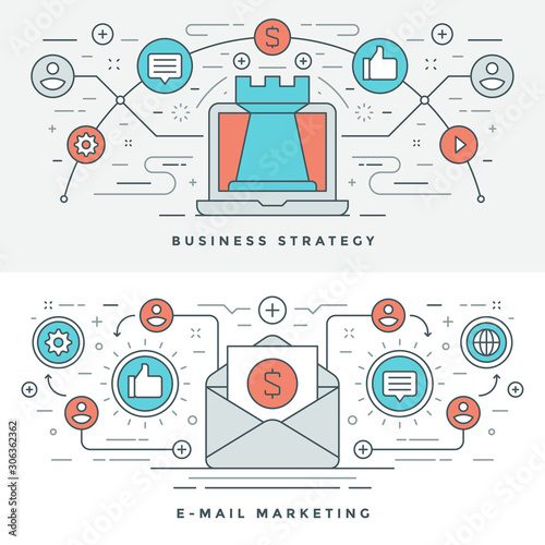 Flat Outline Business Strategy and Marketing vector illustration.