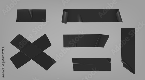 Duct tape pieces. Insulating black adhesive stripes attached with wrinkles and unstuck curled edges. Vector realistic set of sticky scotch for fix, repair or packaging isolated on gray background