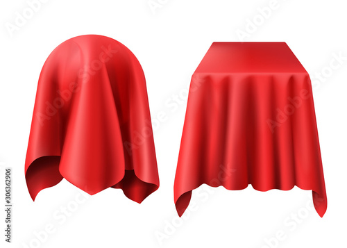 Sphere and box covered with red cloth. Vector template of ball and cube hidden under silk veil or curtain for presentation, surprise, gift isolated on white background