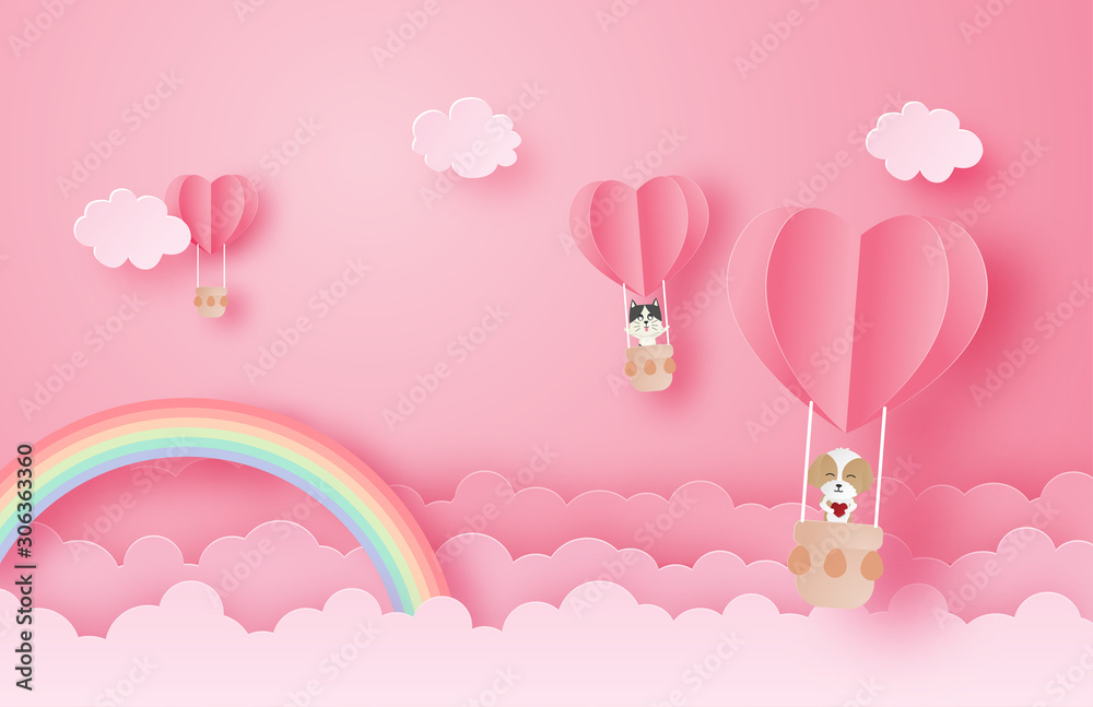 Illustration of love and Valentine's day greeting card in paper cut style. Happy dog and cat in hot air balloon over clouds and rainbow. Digital craft paper art. Illustration of love and Valentine's day greeting card in paper cut style. Happy dog and cat in hot air balloon over clouds and rainbow. Digital craft paper art.