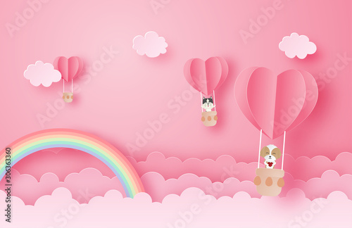 Illustration of love and Valentine's day greeting card in paper cut style. Happy dog and cat in hot air balloon over clouds and rainbow. Digital craft paper art.