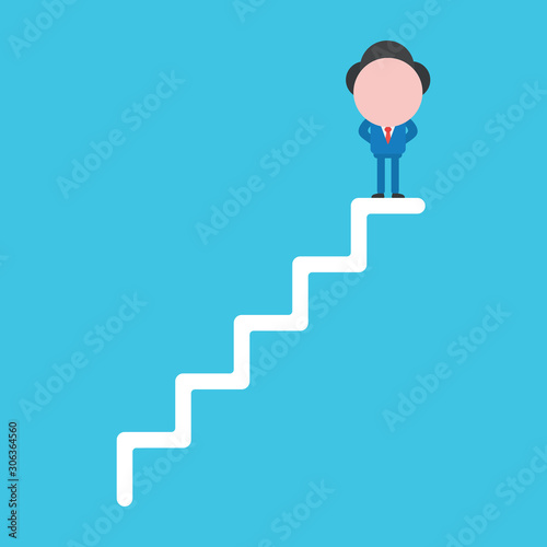 Vector faceless businessman standing on top of stairs on blue background.