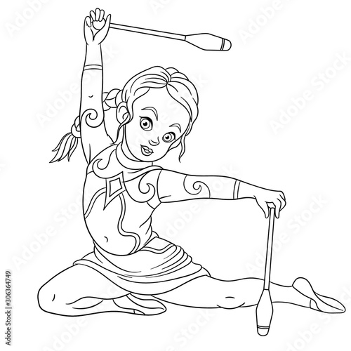 coloring page with girl rhythmic gymnastic with juggling clubs