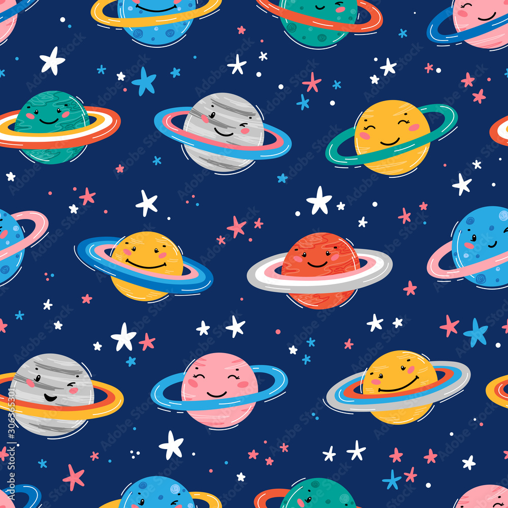 Space Seamless Pattern with Planets and Stars. Doodle Cartoon Cute Saturn Planet Smiling Face. Space Vector Background for Kids t-shirt Print, Nursery Design, Birthday Party Space Seamless Pattern with Planets and Stars. Doodle Cartoon Cute Saturn Planet Smiling Face. Space Vector Background for Kids t-shirt Print, Nursery Design, Birthday Party