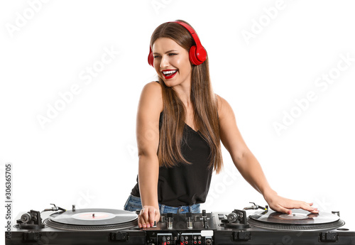 Female dj playing music on white background