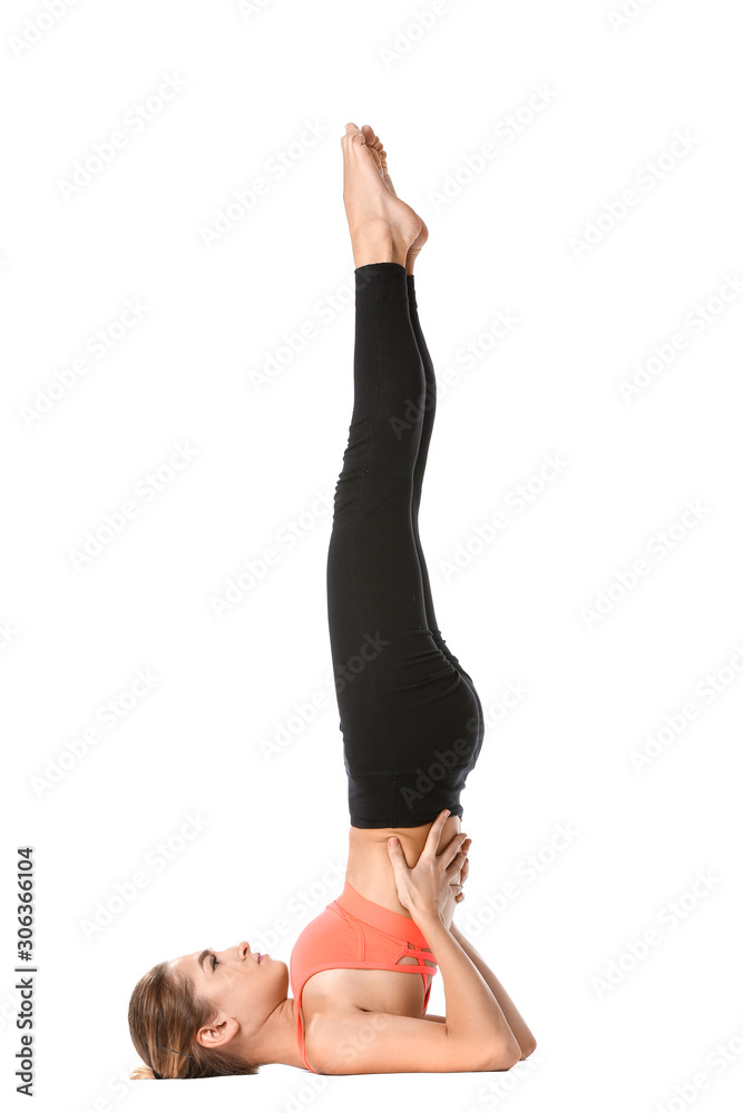 Beautiful young woman practicing yoga on white background Beautiful young woman practicing yoga on white background