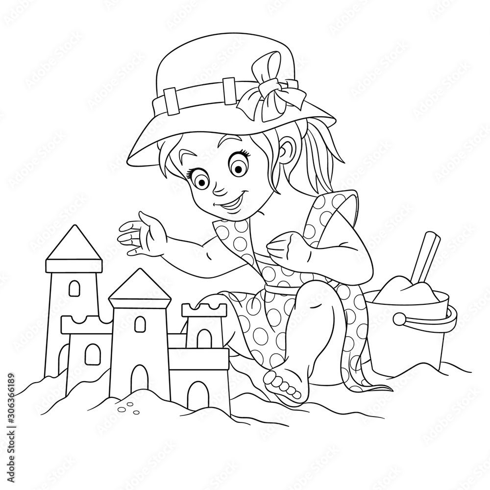 coloring page with girl building sand castle coloring page with girl building sand castle