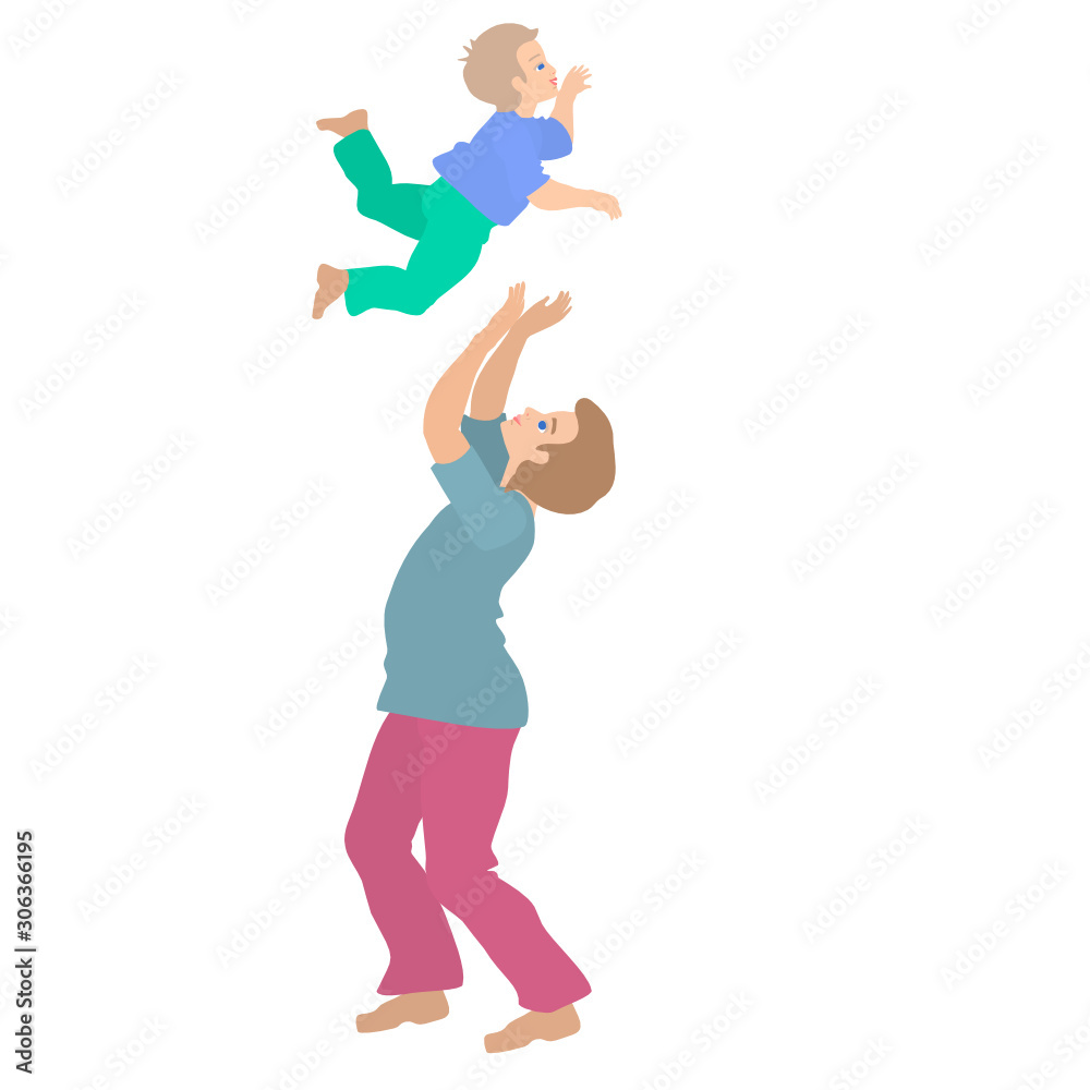 dad threw his happy and smiling son over his head and catches him, color flat clip art on a white isolated background