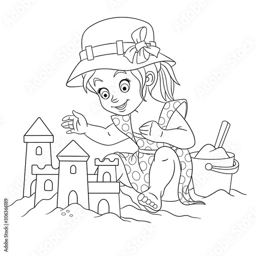 coloring page with girl building sand castle