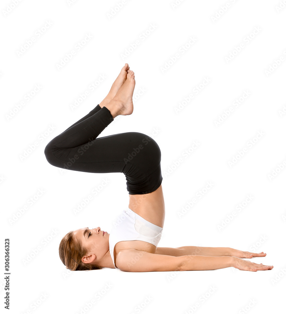 Beautiful young woman practicing yoga on white background Beautiful young woman practicing yoga on white background