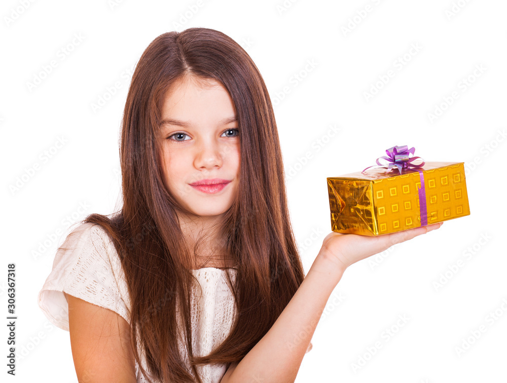 little girl holding and offering a gift for Christmas and birthday isolated on white background little girl holding and offering a gift for Christmas and birthday isolated on white background