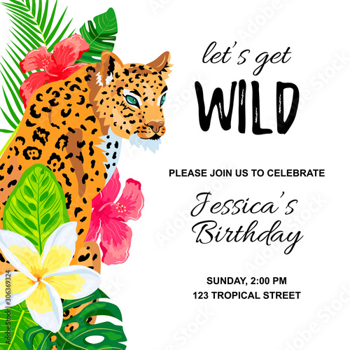 Leopard with tropical leaves, flowers, wild party invitation. Place for text. Vector illustration for flyer, birthday, tropical party, banner, poster.