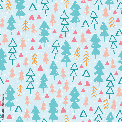 Seamless pattern with winter forest in colourful pastel backdrop. Hand drawn style nature highlands vector illustration. Surface design for wintery holiday and children collection.