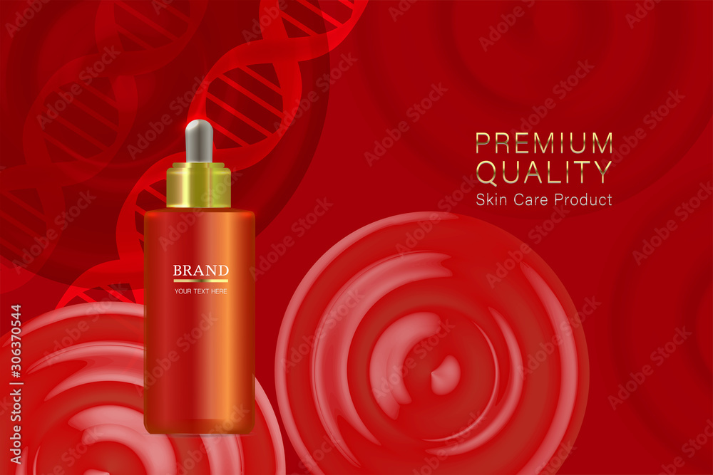 Beauty product ad design, red cosmetic container with collagen solution advertising background ready to use, luxury skin care banner, illustration vector.	