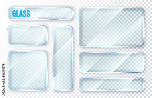 Glass plates set. Glass banners on transparent background. Flat glass clear window. Vector illustration