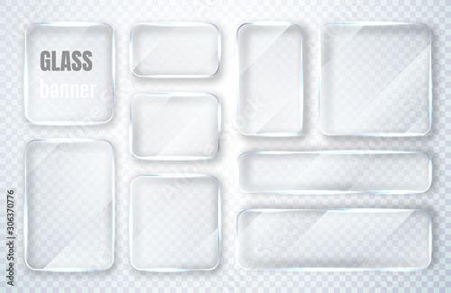Glass plates set. Glass banners on transparent background. Flat glass clear window. Vector illustration