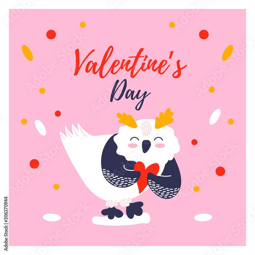 Greeting card with icon of cute owl with heart. Funny animal character. Happy Valentines day.