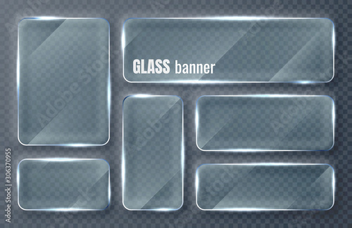 Glass plates set. Glass banners on transparent background. Flat glass clear window. Vector illustration